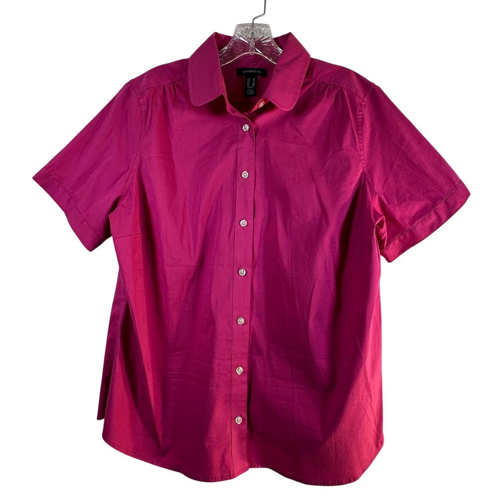 Lands End Womens 16 Petite Magenta Pink Short Sleeve Button Down Stretch Shirt